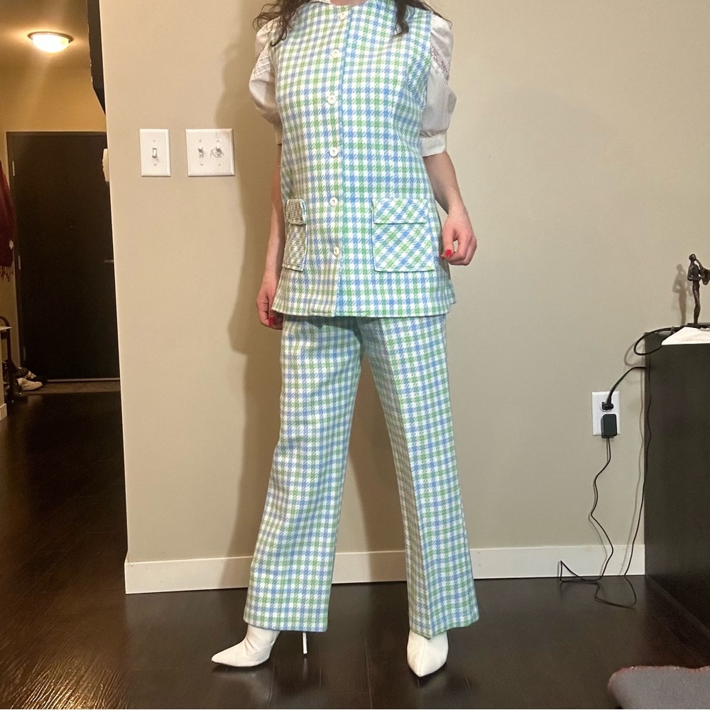 Rare Vintage 1970's MOD green/blue houndstooth two-piece suit - Picture 9 of 16